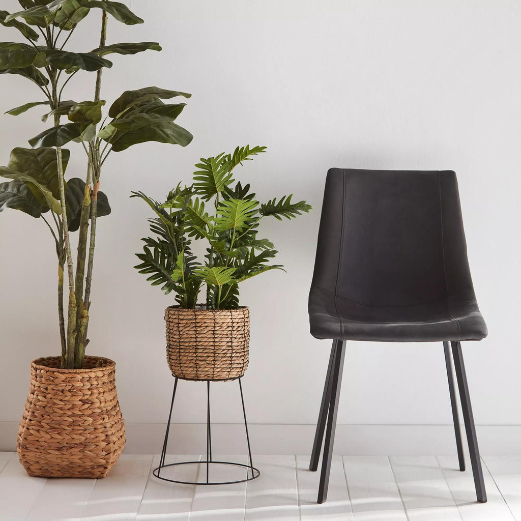 Black Textured Faux Leather and Metal Dining Chair