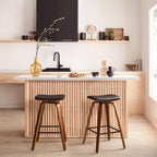 Faux Leather and Walnut Wood Backless Stool