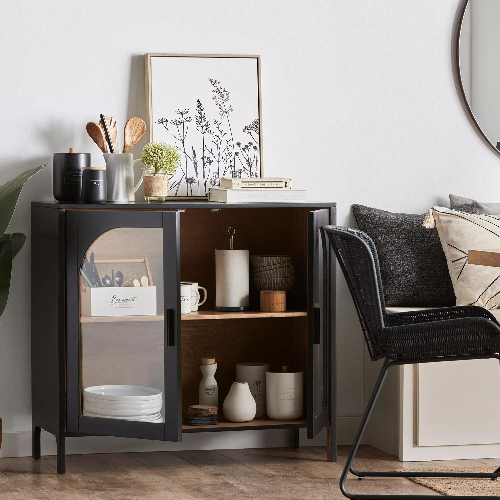 Black Wooden Buffet with Glass Doors