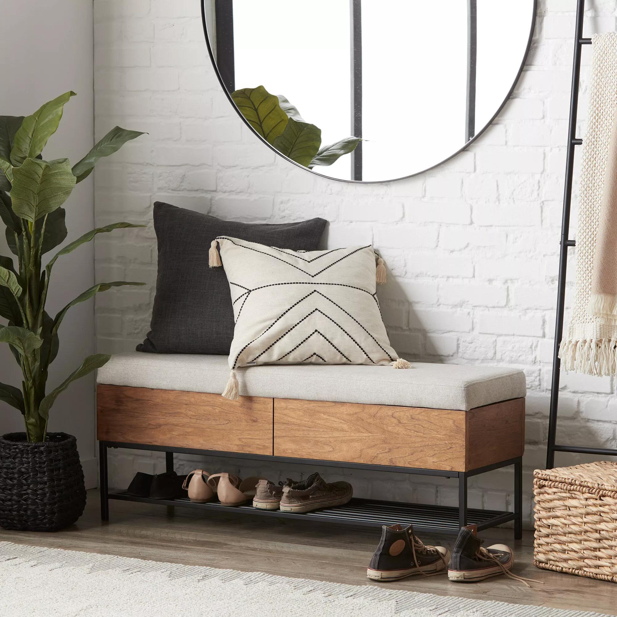 Fabric Wood and Metal Storage Bench with Shoe Rack