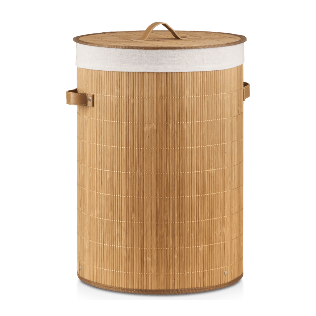 Round Bamboo Hamper with Lining and Faux Leather Handles