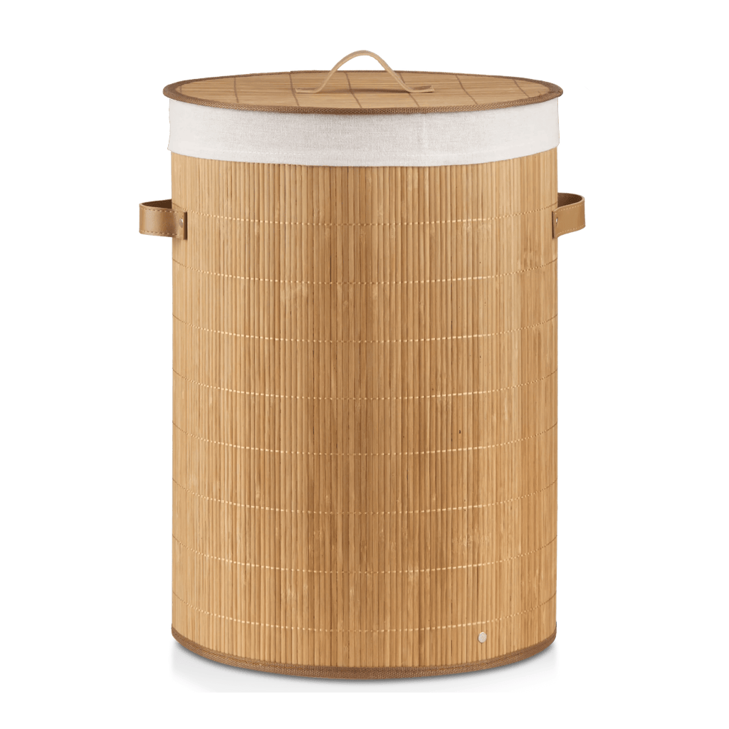 Round Bamboo Hamper with Lining and Faux Leather Handles