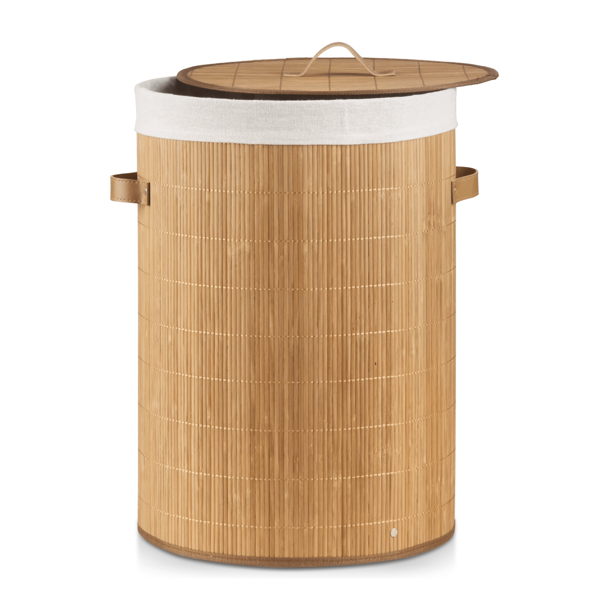 Round Bamboo Hamper with Lining and Faux Leather Handles