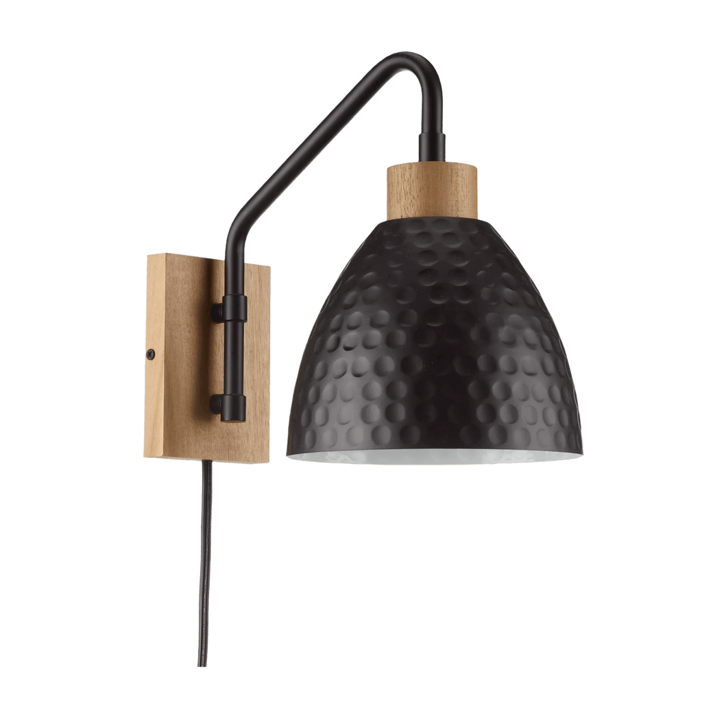 Hammered Black Metal &  Wood Wall Sconce