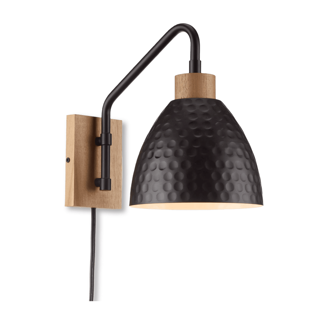 Hammered Black Metal &  Wood Wall Sconce