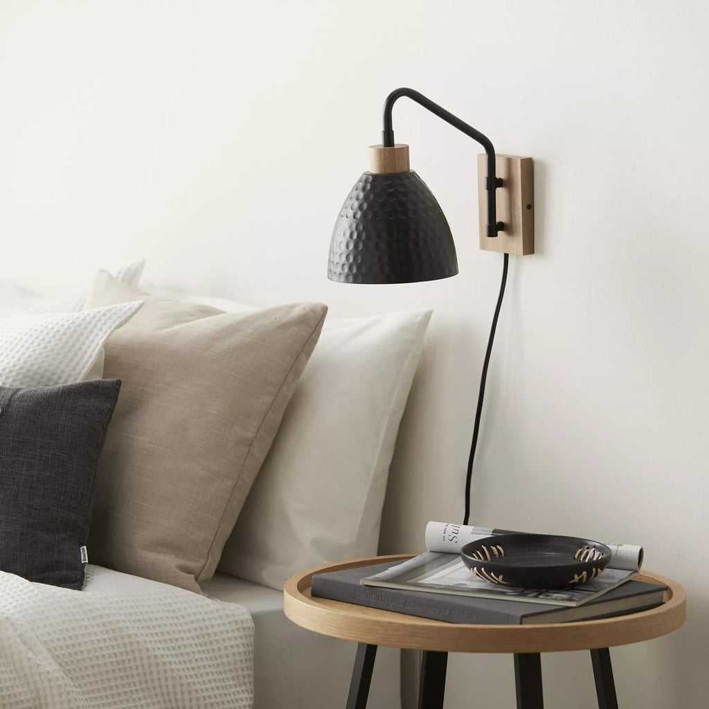 Hammered Black Metal &  Wood Wall Sconce
