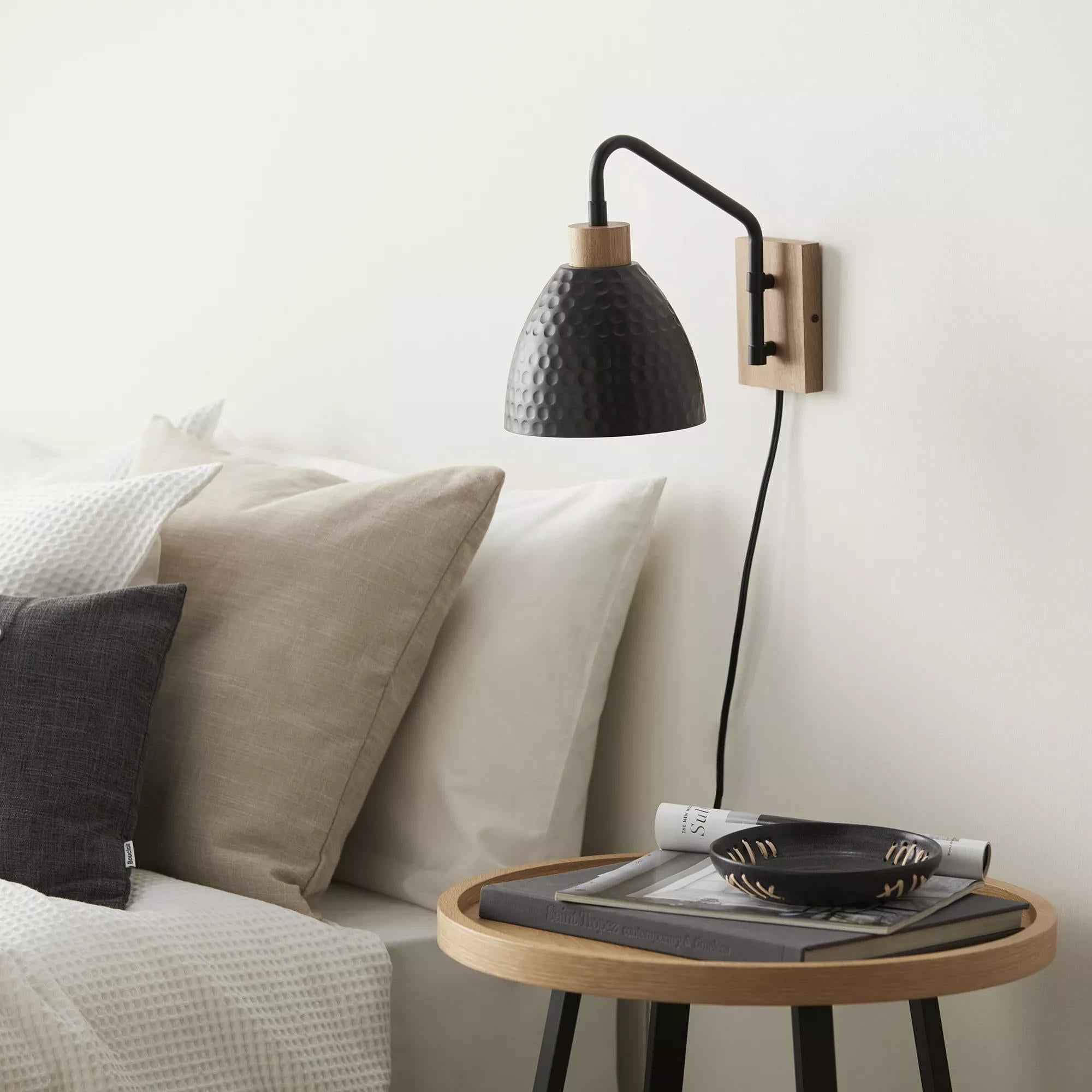 Hammered Black Metal &  Wood Wall Sconce