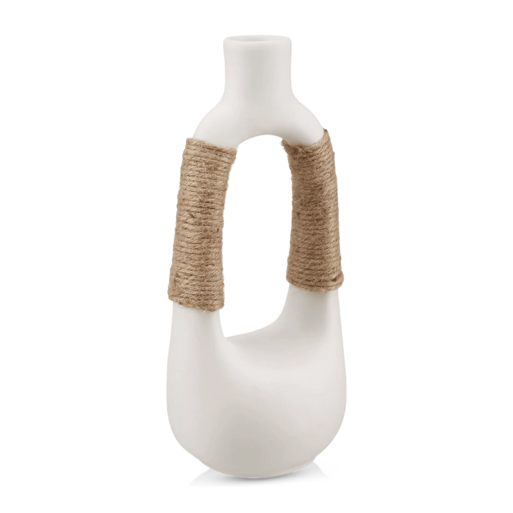 White Ceramic Oval Vase with Rope on Handles