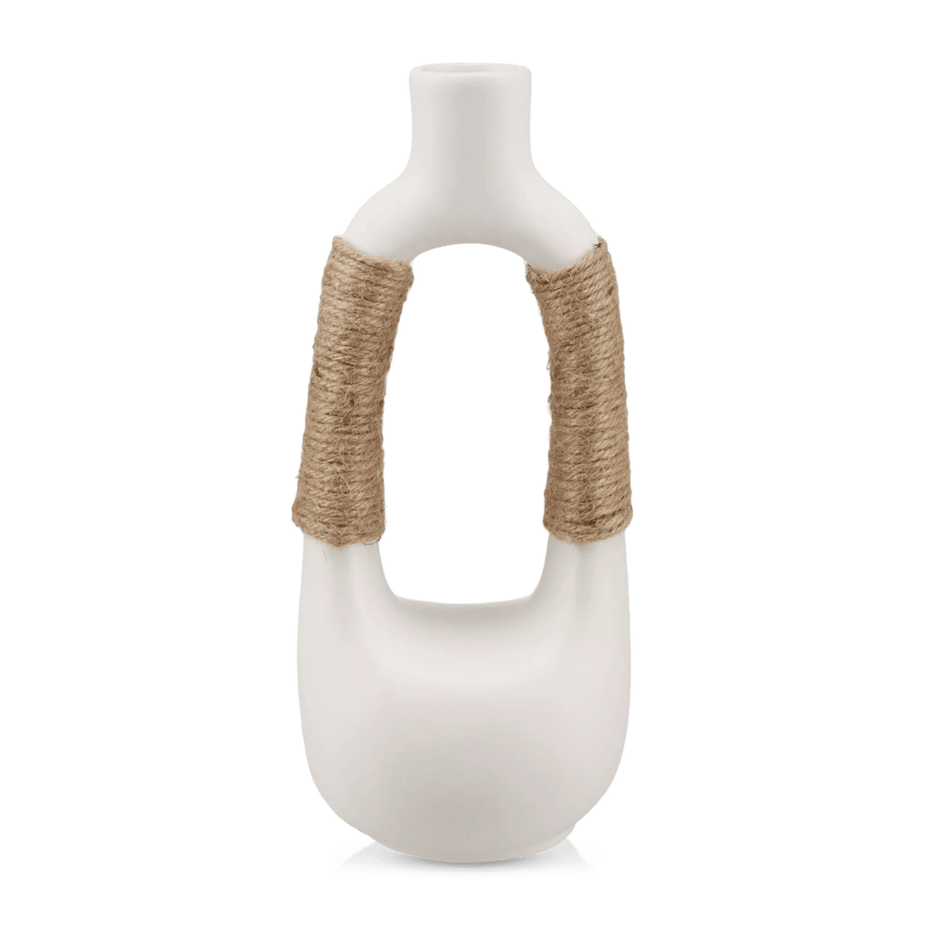 White Ceramic Oval Vase with Rope on Handles