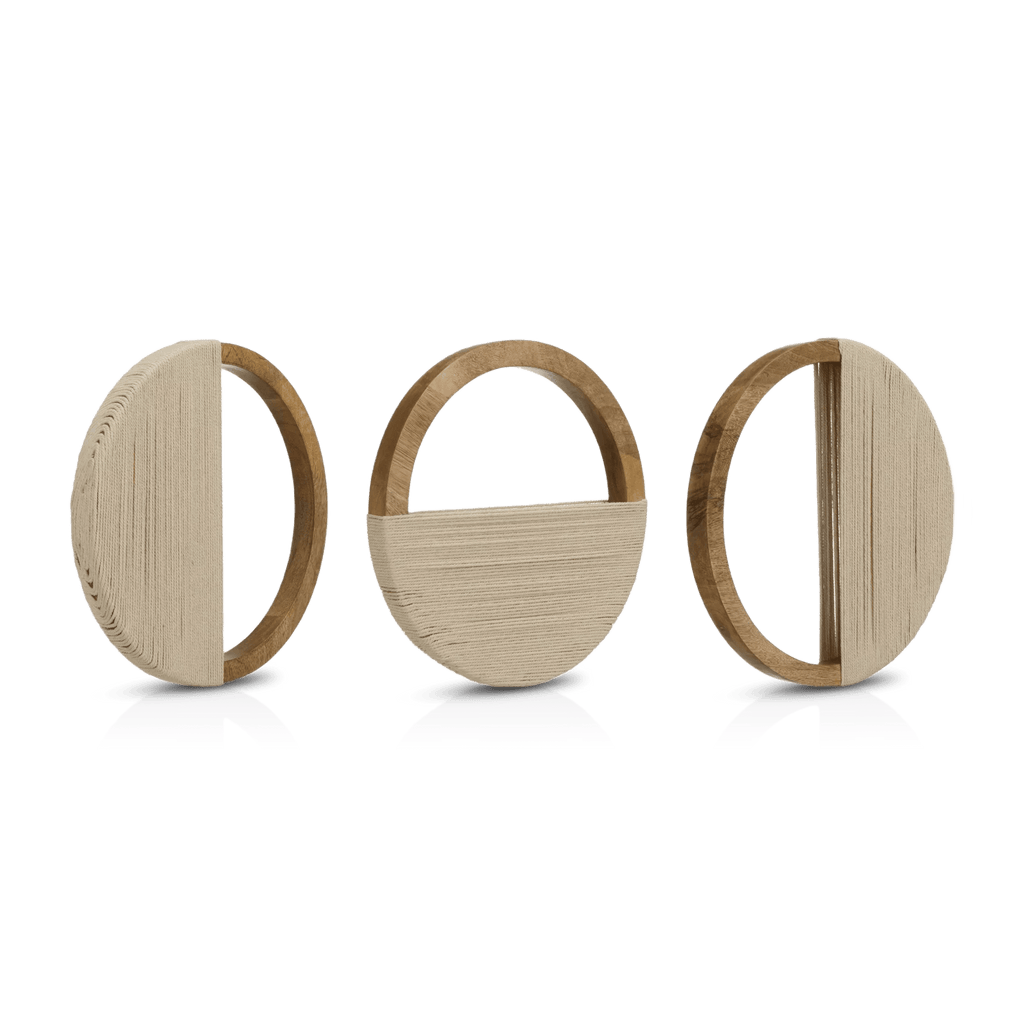 Set of 3 Mango Wood and Rope Circle Wall Decor