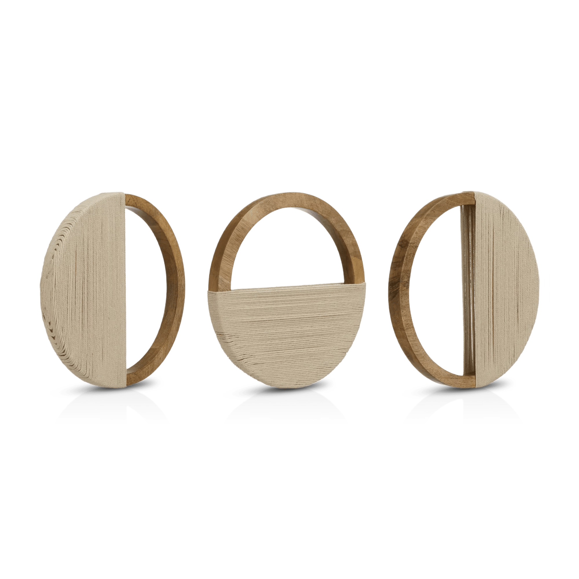 Set of 3 Mango Wood and Rope Circle Wall Decor