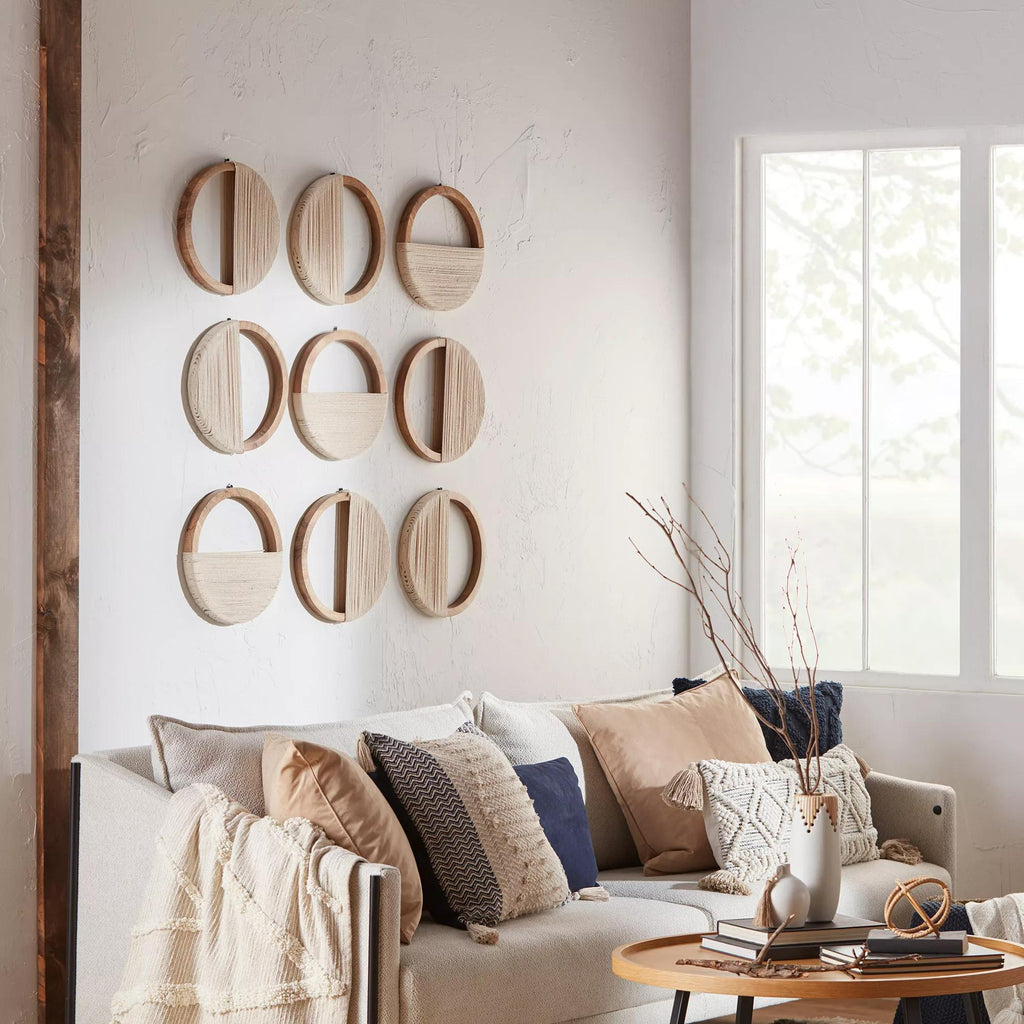 Set of 3 Mango Wood and Rope Circle Wall Decor