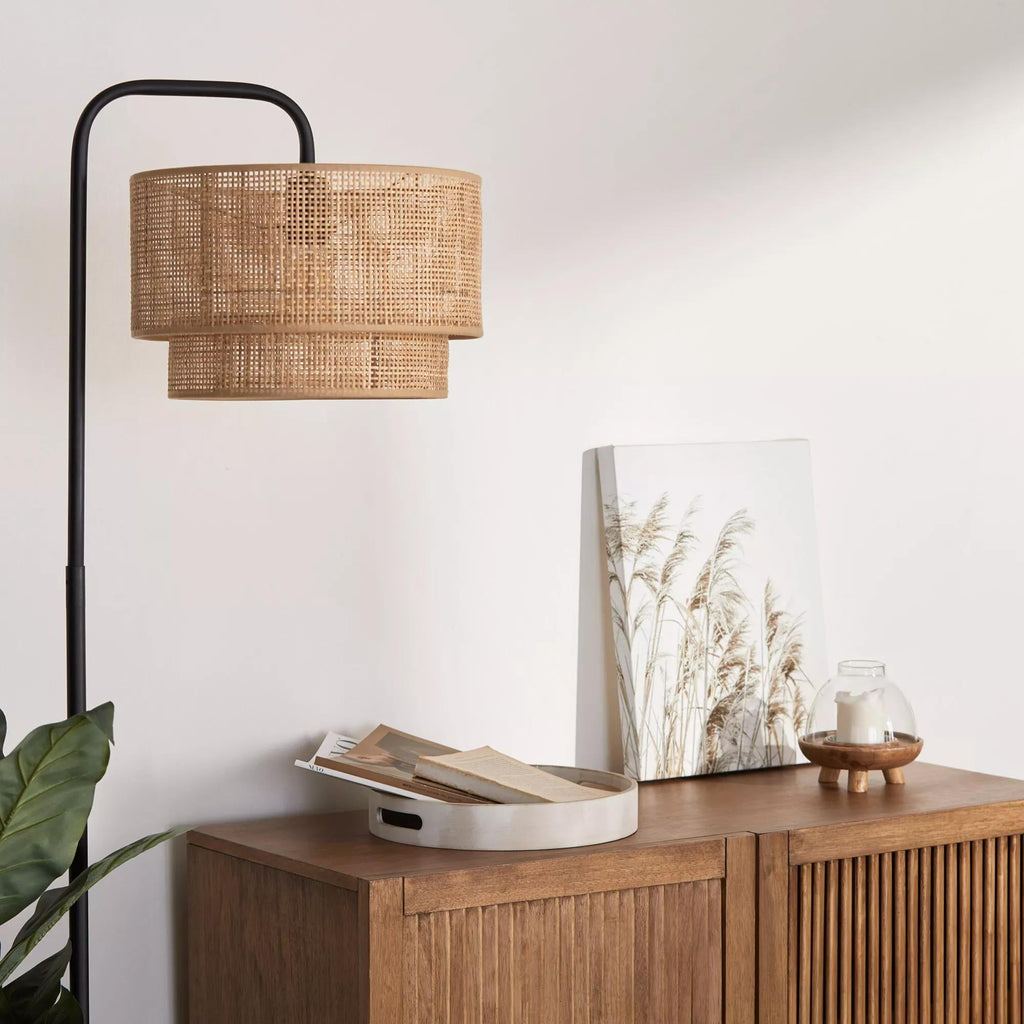 Floor Lamp with Rattan Shade and Metal Base