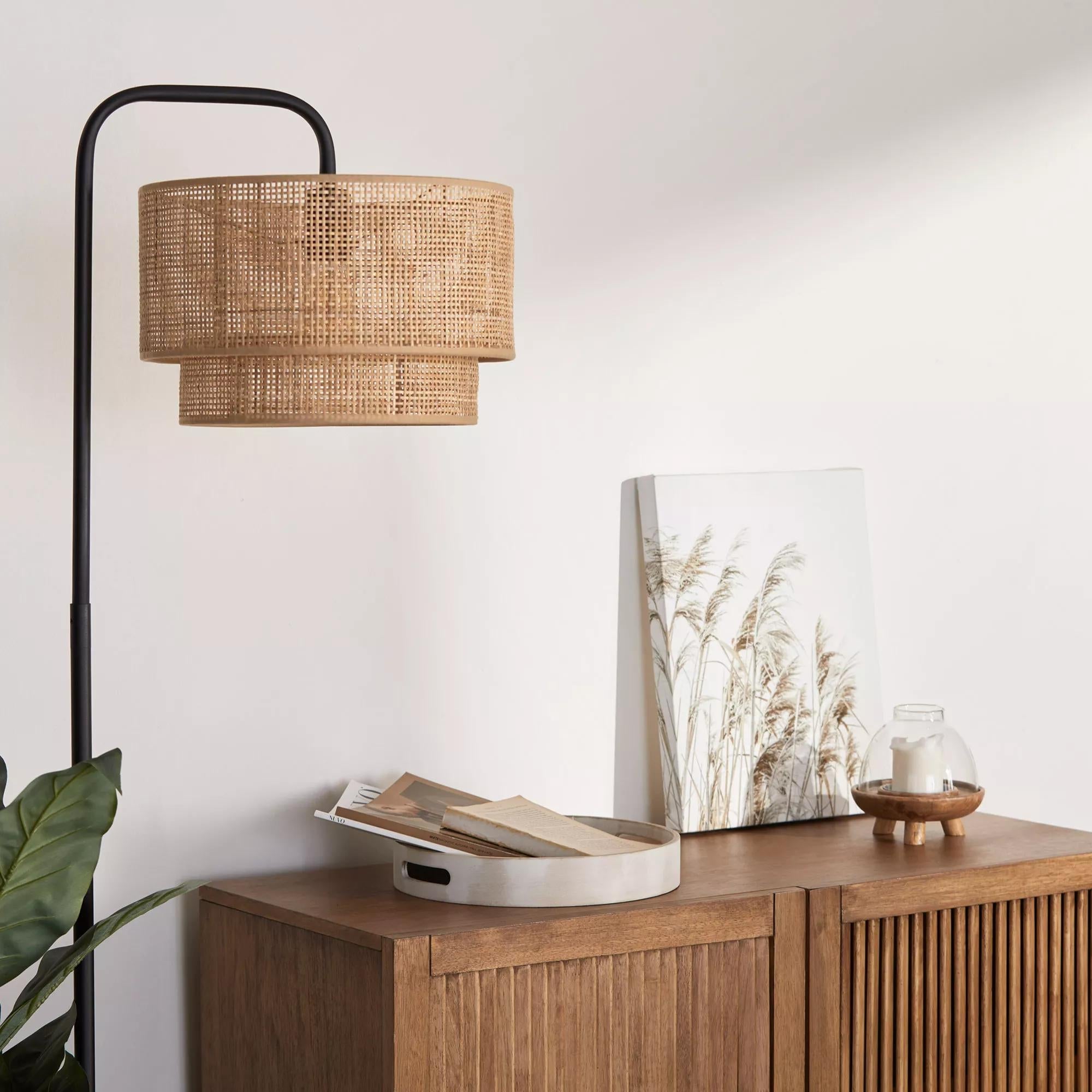 Floor Lamp with Rattan Shade and Metal Base