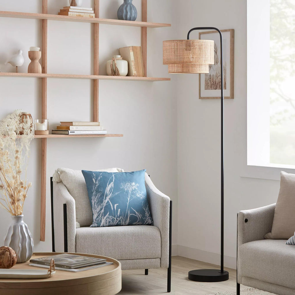 Floor Lamp with Rattan Shade and Metal Base