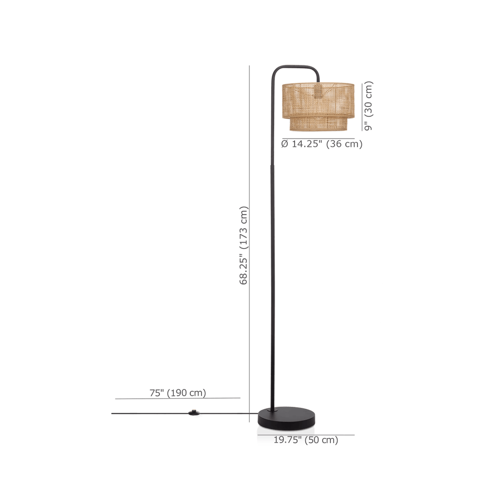 Floor Lamp with Rattan Shade and Metal Base