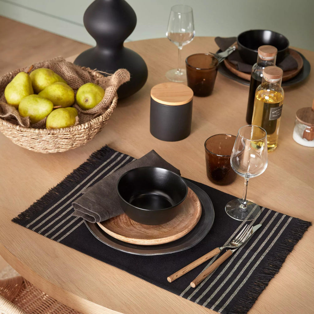Set of 4 Black & Natural Fringed Fabric Placemats
