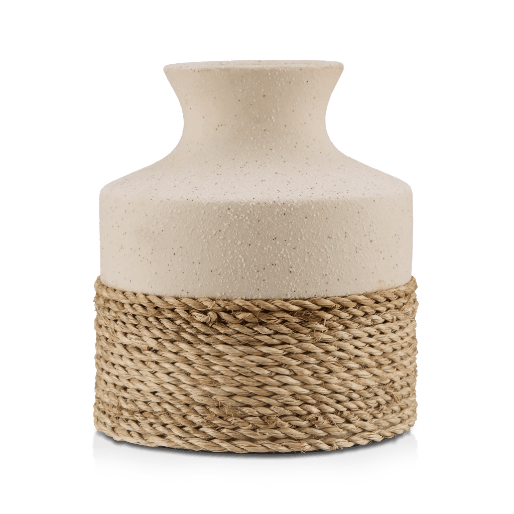 Speckled Ceramic and Rattan Vase