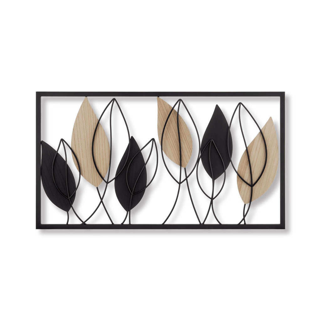 Framed Metal & Wood Leaves Wall Art