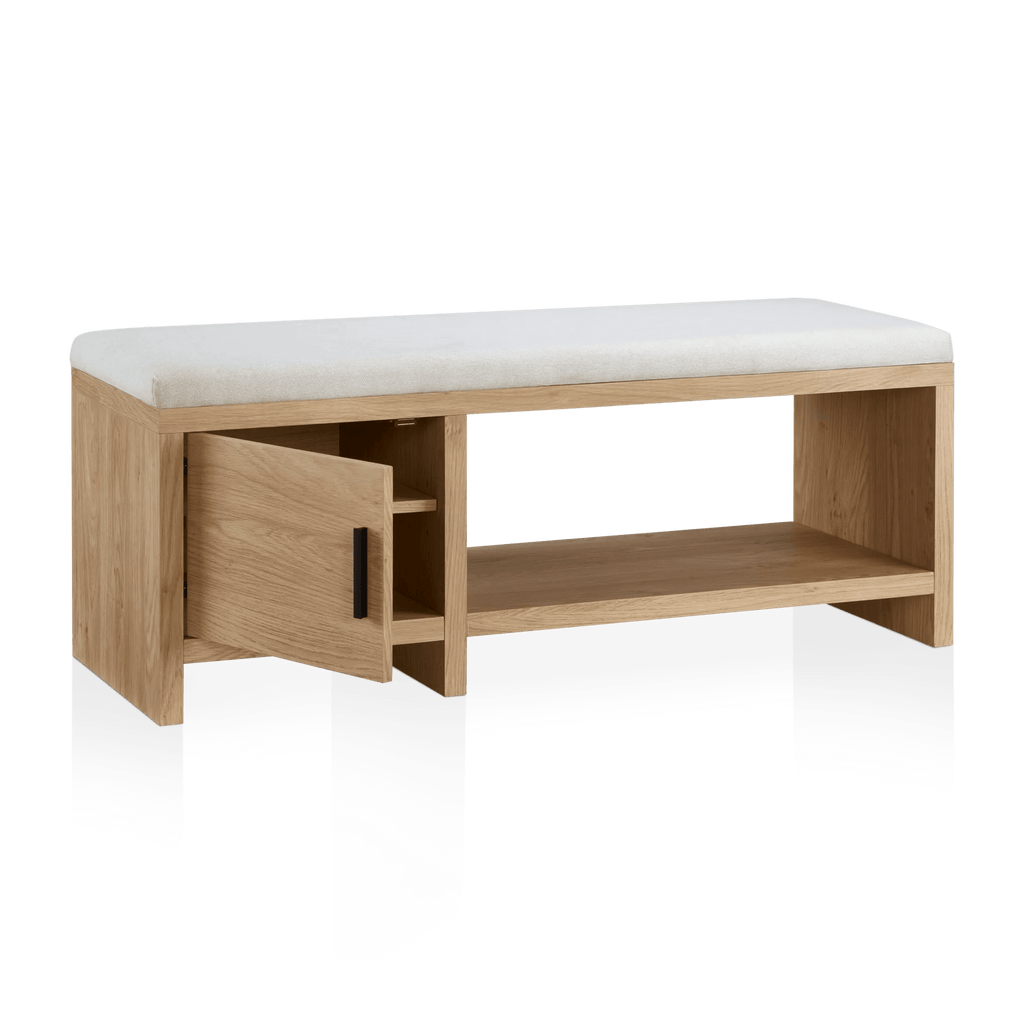 Fabric and Wood Bench with Shoe Rack and Storage