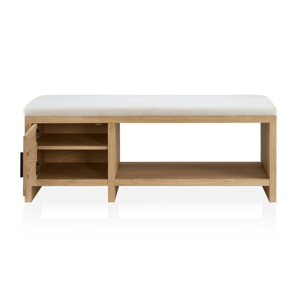 Fabric and Wood Bench with Shoe Rack and Storage
