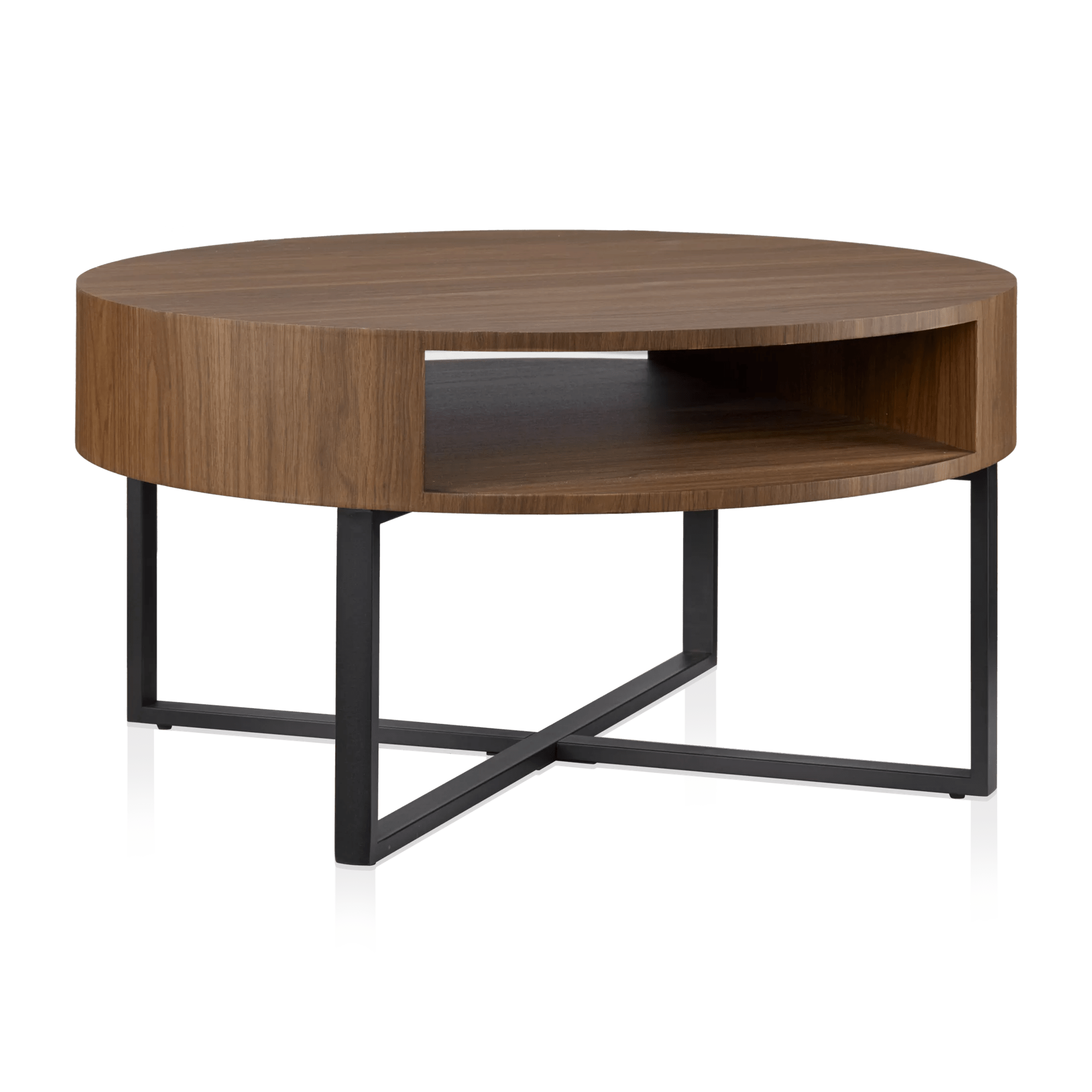 Metal and Walnut Veneer Round Coffee Table