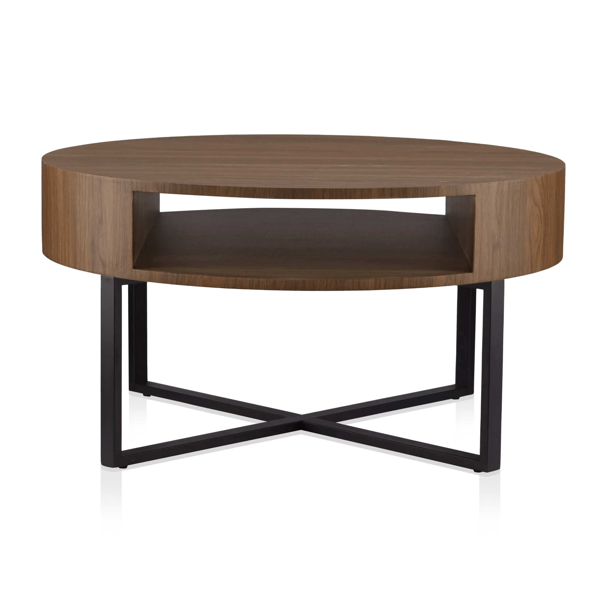Metal and Walnut Veneer Round Coffee Table