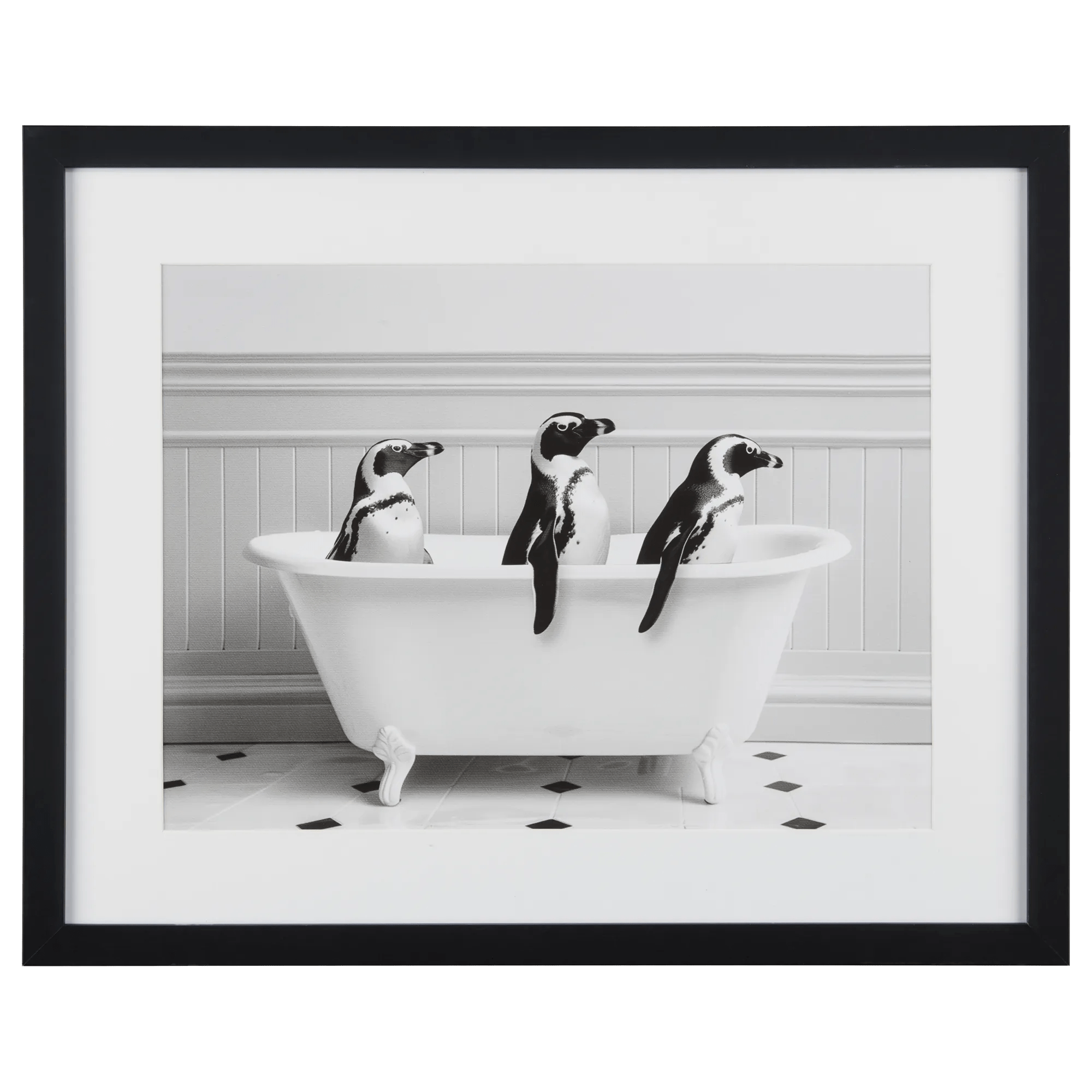 Penguins in Bathtub Printed Framed Canvas
