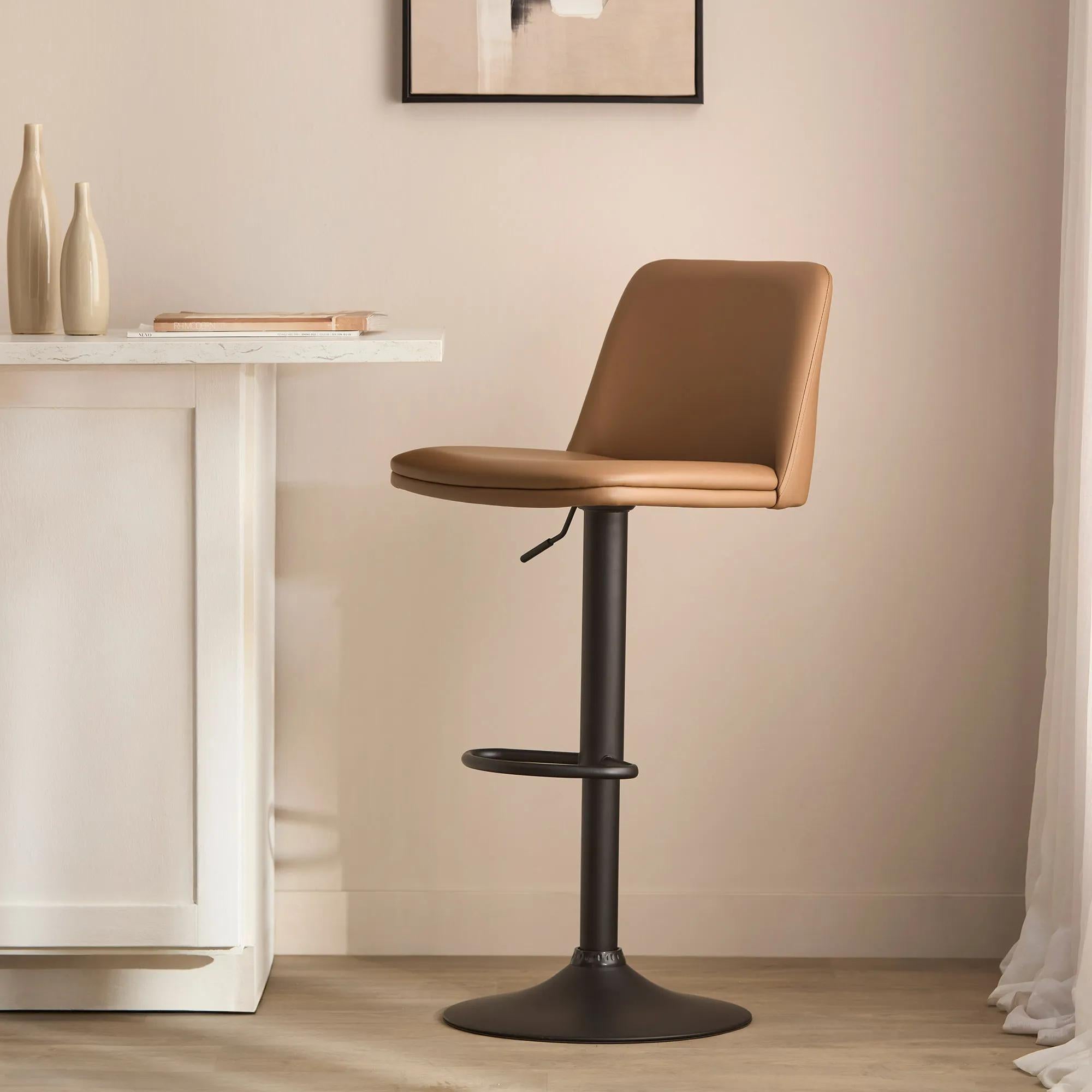 Beige Faux Leather and Metal Bar Stool