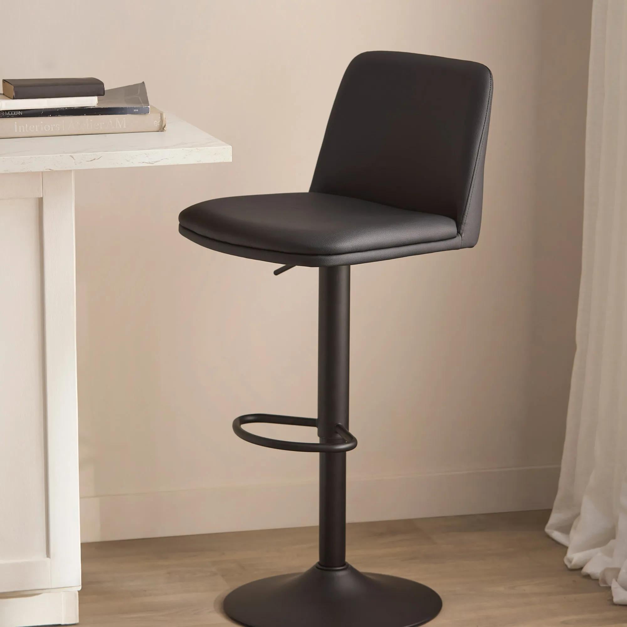 Beige Faux Leather and Metal Bar Stool