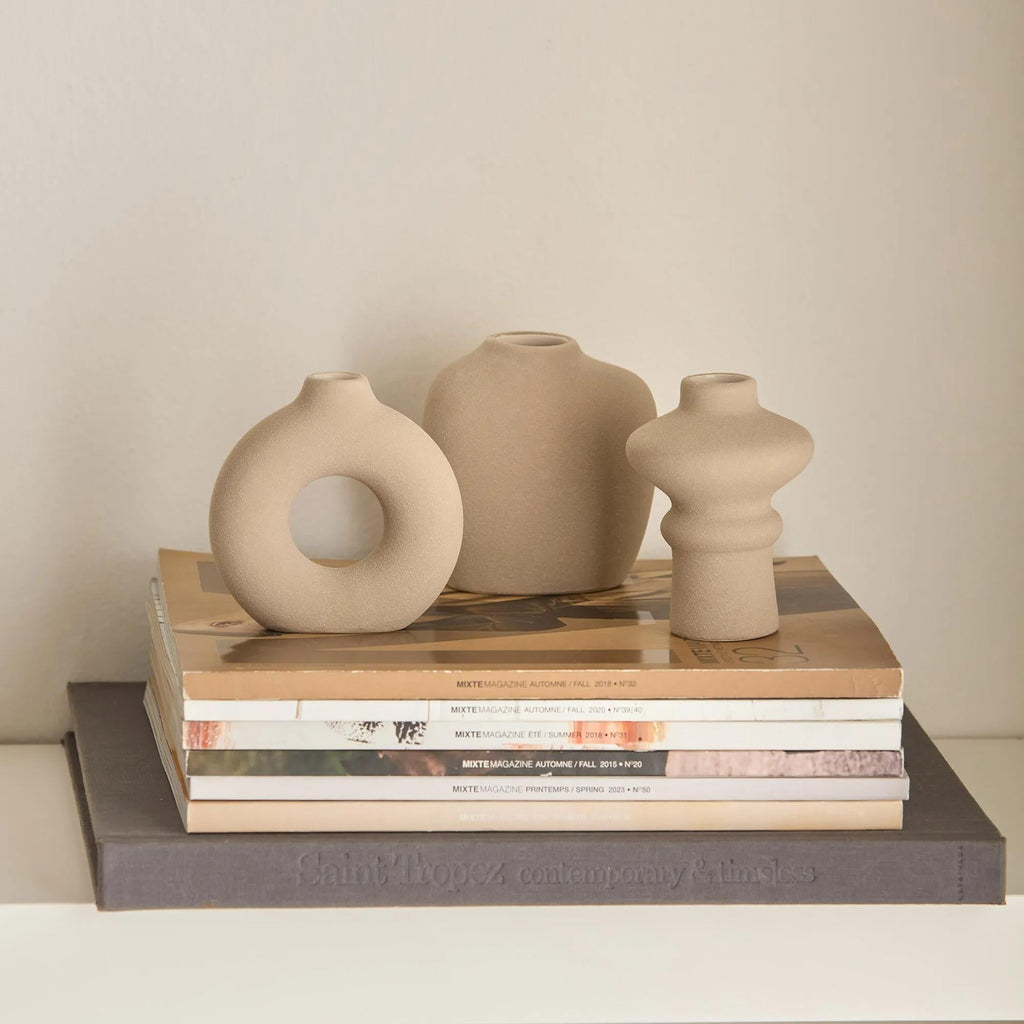 Set of 3 Beige Ceramic Vases