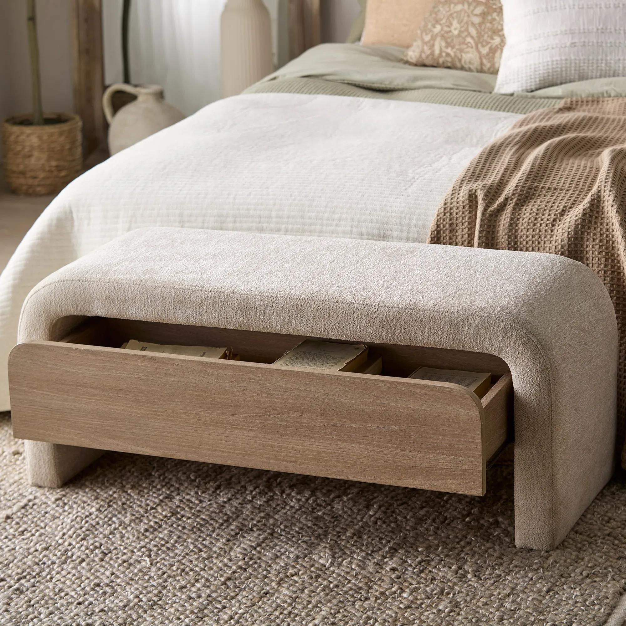 Fabric and Wood Bench with Storage